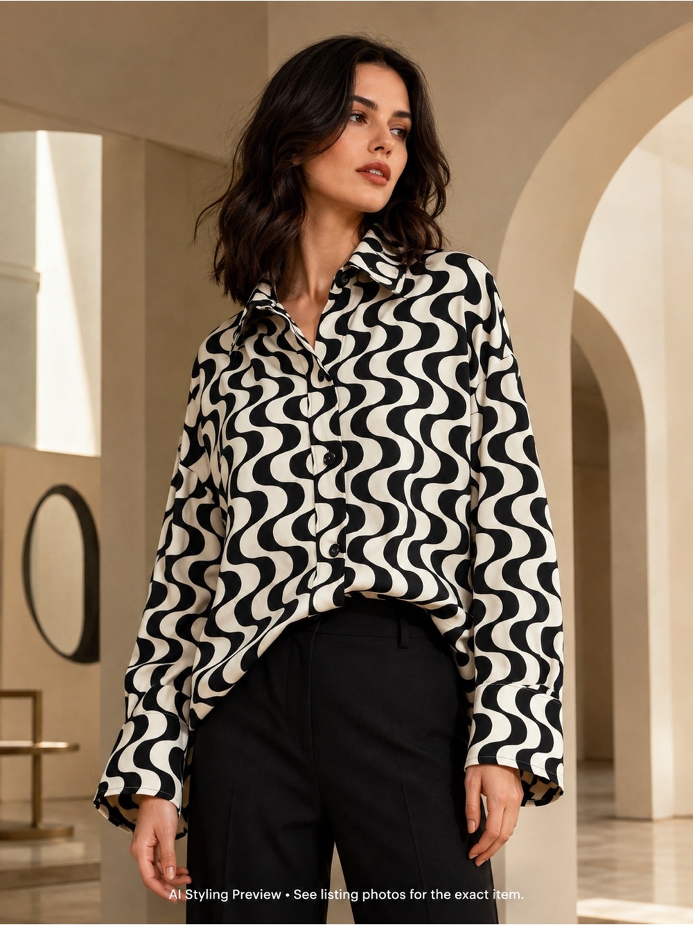 H&M Black White Wave Print Oversized Blouse M Fits L Retro Mod